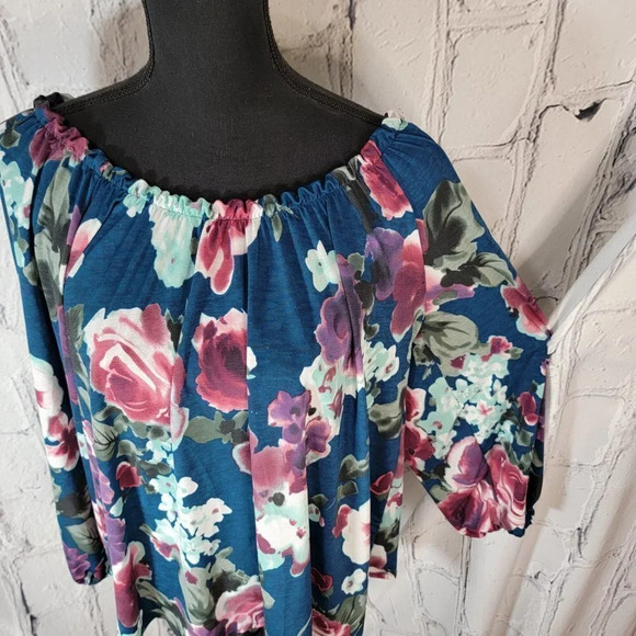 PROFESSIONAL Business Casual Floral Blue Aqua Stretch Long Sleeve Blouse Sz‎ L - Picture 3 of 8